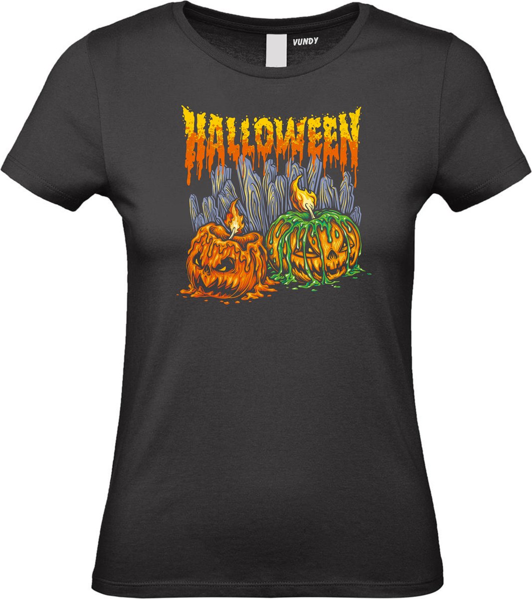 Dames t-shirt Halloween Pompoen met kaarsjes | Halloween kostuum kind dames heren | verkleedkleren meisje jongen | Zwart | maat S
